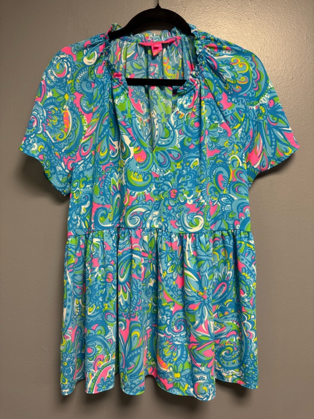Lilly Pulitzer Zadie Top Blue Paisley Top with Pink & Lime Accents